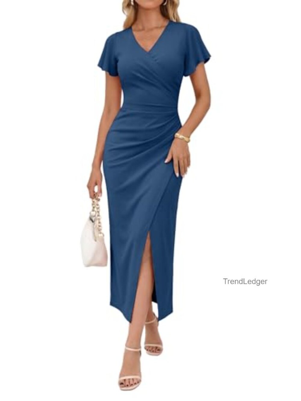 Women Sexy V Neck Faux Wrap Ruffle Sleeve Bodycon Ruched Side Slit Cocktail